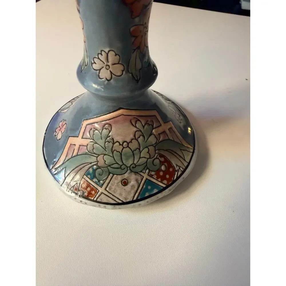 Vintage Macau Hand Painted Porcelain Trumpet Candlesticks Pair 6.5